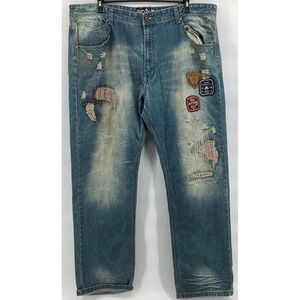 Born Fly Jeans Anytown USA Distressed Patch Stitched Denim Size 46